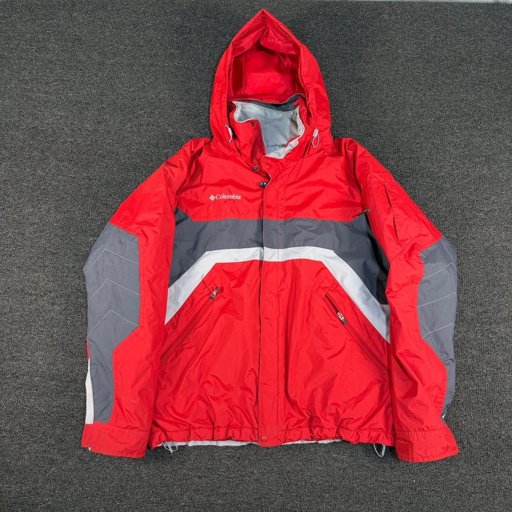 Columbia Jacket Mens M XM4204 Red Grey Colorblock Hooded Insulated Outdoor EUC